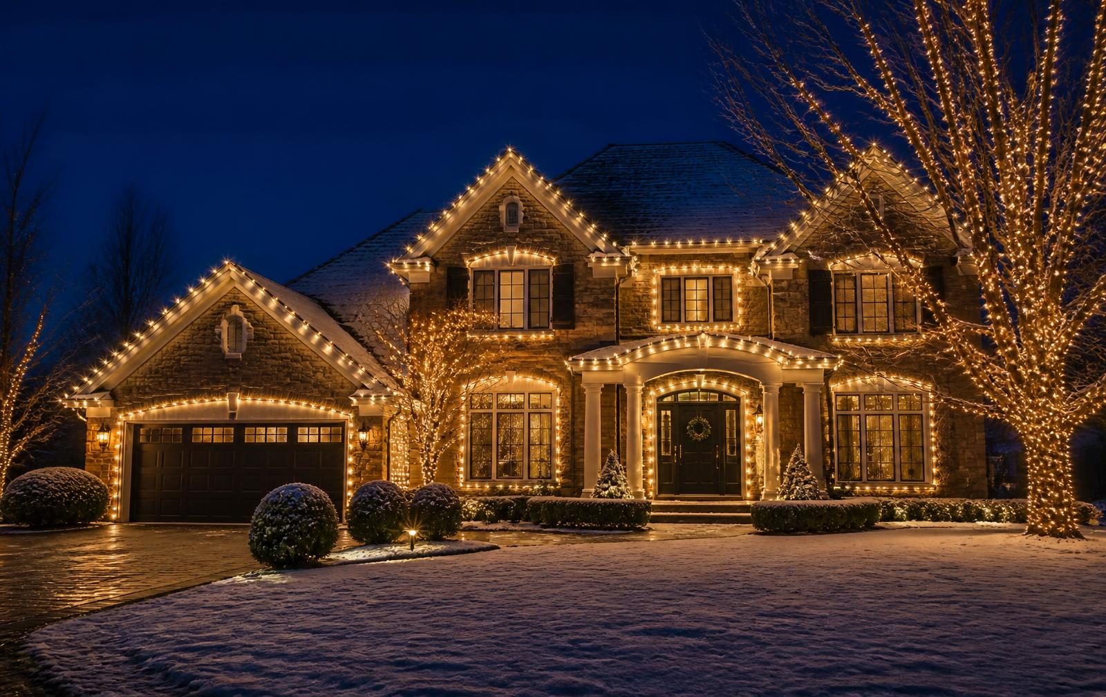 Two-story home at night outlined in warm white C7 Christmas lights with wrapped trees