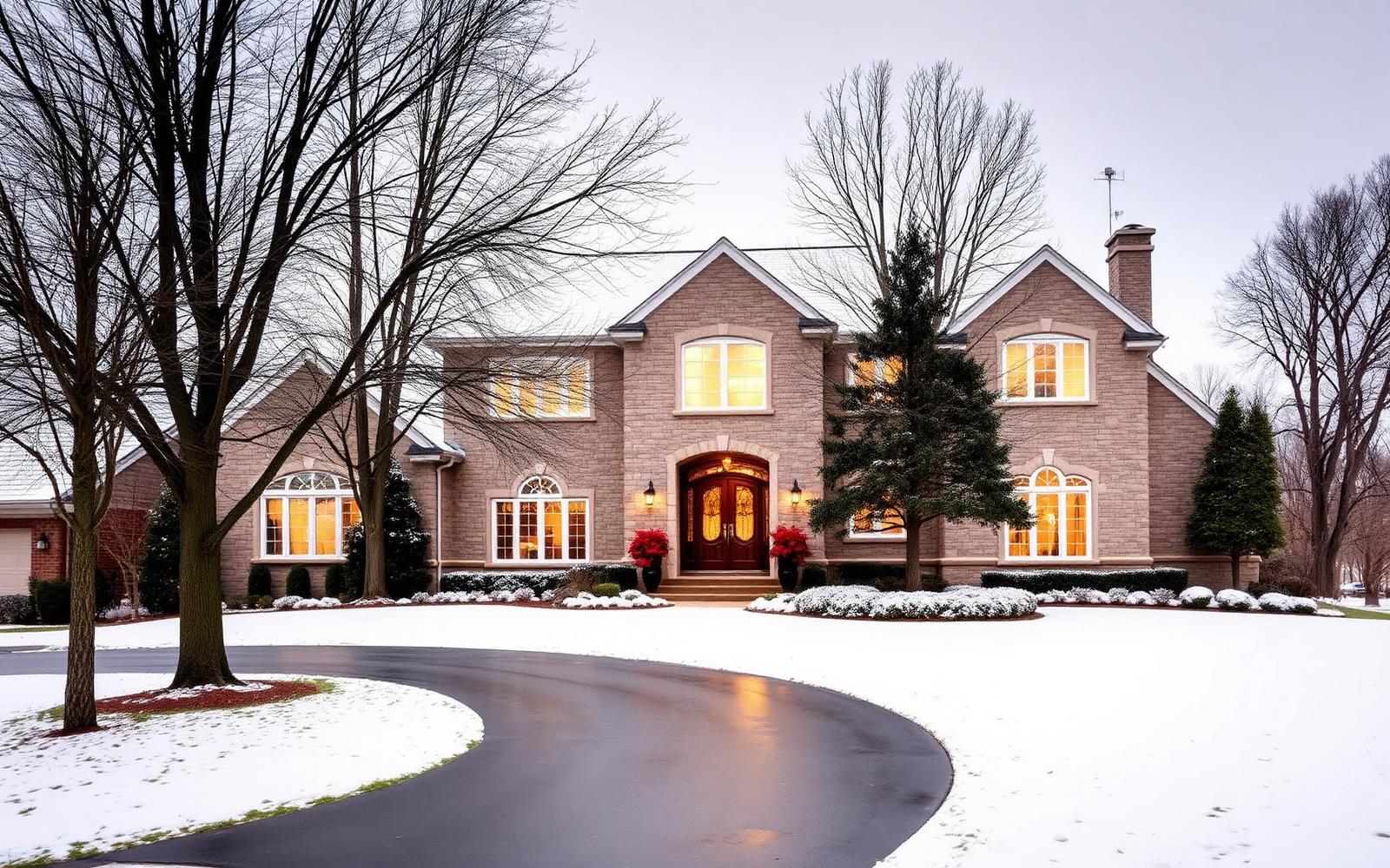 Two-story stone home in daylight before Christmas light installation