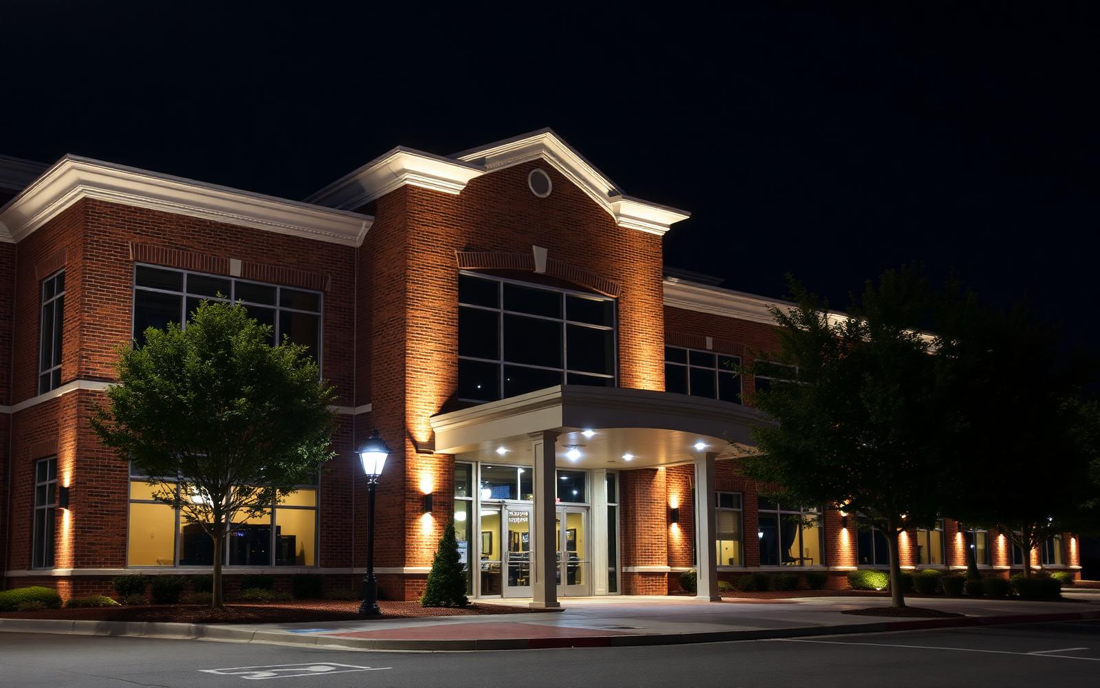 Brick commercial office entrance illuminated at night with warm white architectural lighting