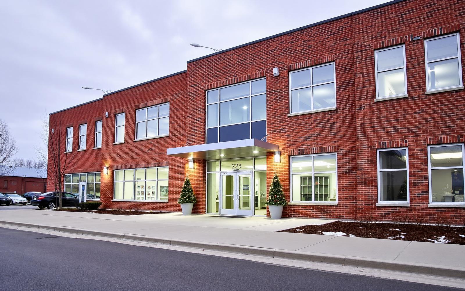 Brick commercial office entrance in daylight before holiday lighting